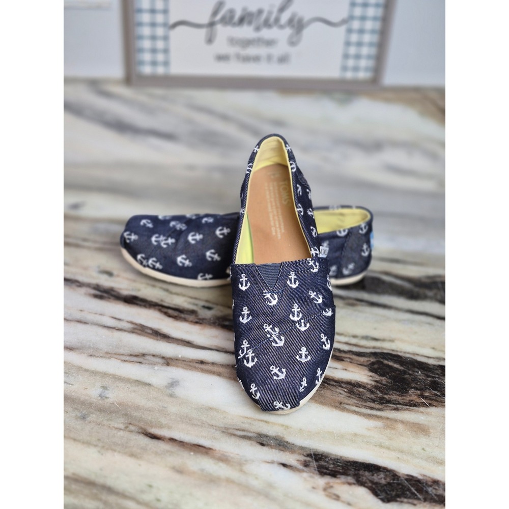 TOMS Navy Blue Anchor Print Canvas Alpargata Slip On Shoes 7 Nautical Coastal